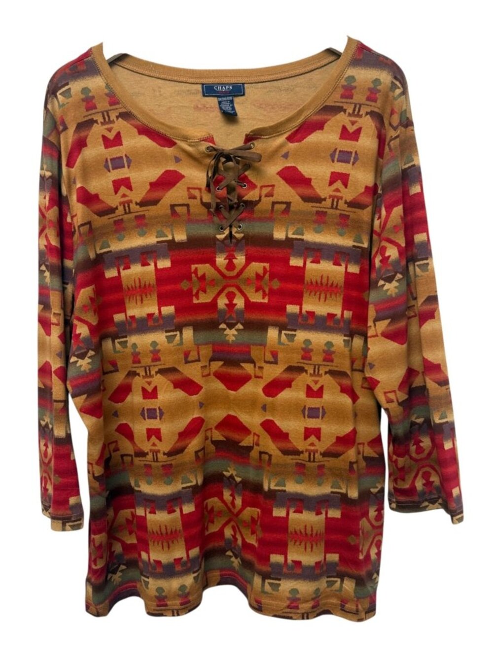 CHAPS Top Plus Size 2X 3X Western Aztec Lace Up Tan Red Womens Tee